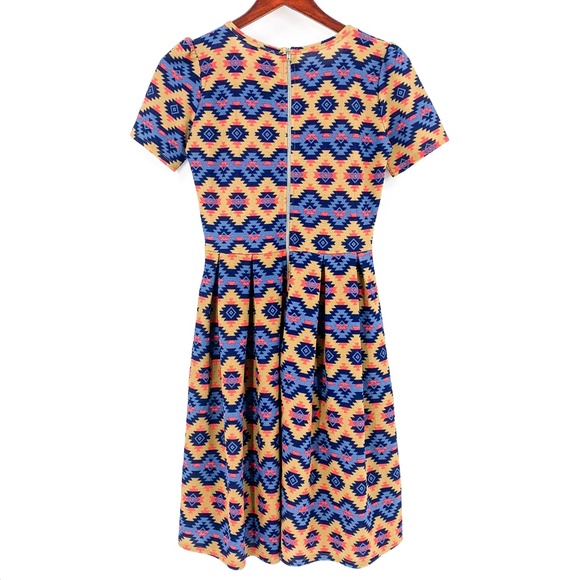 LuLaRoe Amelia Tan & Blue Aztec Short Sleeve Dress - Picture 3 of 7
